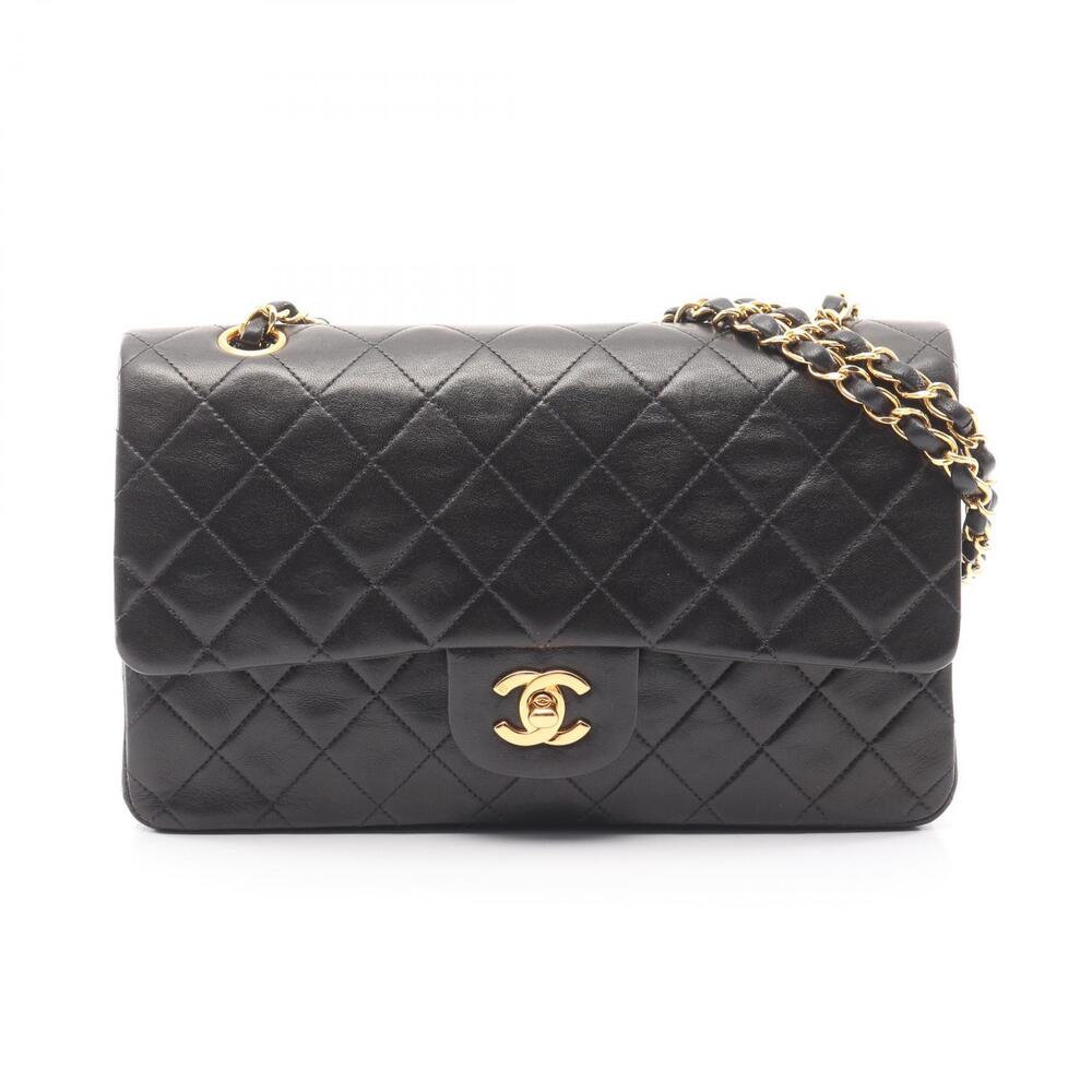 Chanel Matelasse Double Flap Shoulder Bag Lambskin Sheepskin Black